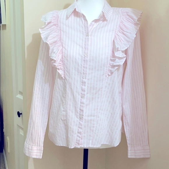 nwot Noisy May Pink White Stripes Frill Button Down Shirt US S - Picture 1 of 7